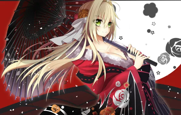 Girl, Blonde, Umbrella, Yukata, Fate / Extra