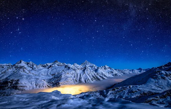 Picture winter, the sky, stars, snow, mountains, night