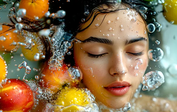 Water, girl, light, bubbles, face, pose, eyelashes, apples