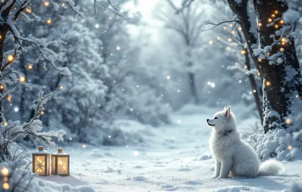 Winter, snow, trees, Park, dog, lights, Christmas, lights