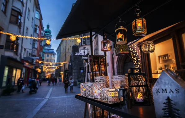 Holiday, street, watch, tower, home, Austria, Christmas, lanterns
