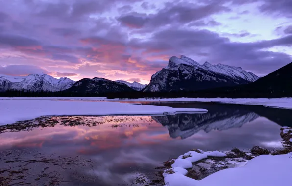The sky, clouds, mountains, lake, reflection, dawn, morning, Canada