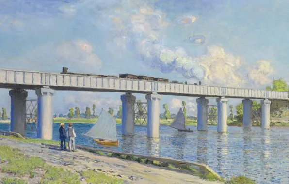 Picture landscape, boat, picture, sail, Claude Monet, The railway Bridge at Argenteuil