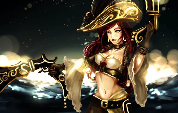 Picture sea, girl, weapons, guns, hat, league of legends, miss fortune