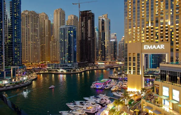 Lights, river, home, yachts, the evening, Dubai, boats, Dubai