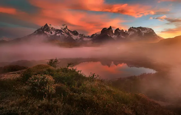 Clouds, sunset, mountains, fog, lake, pink, Andes, Patagonia