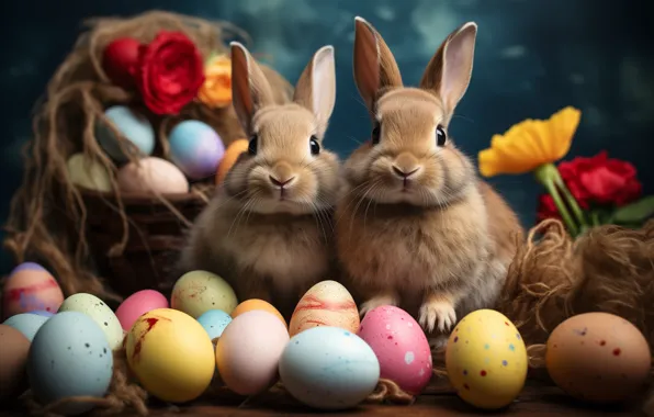 Holiday, eggs, Easter, pair, Bunny