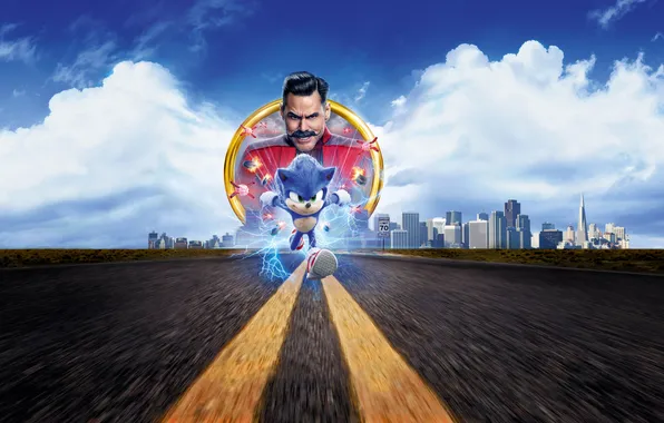 Fiction, cartoon, Sonic, Jim Carrey, Jim Carrey, poster, Sonic, Sonic the Hedgehog