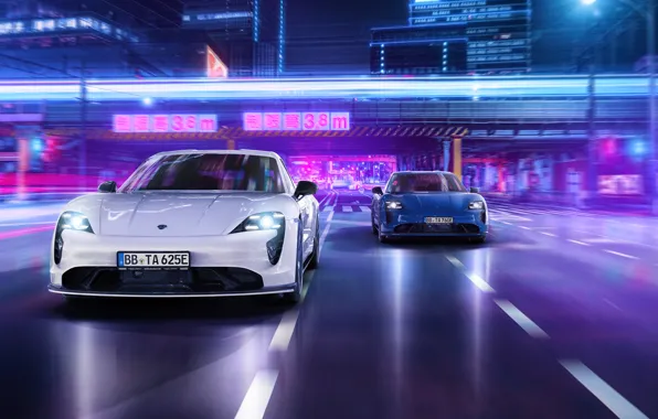 The city, neon, Porsche, Porsche, TechArt, Aerokit, 2021, Taycan