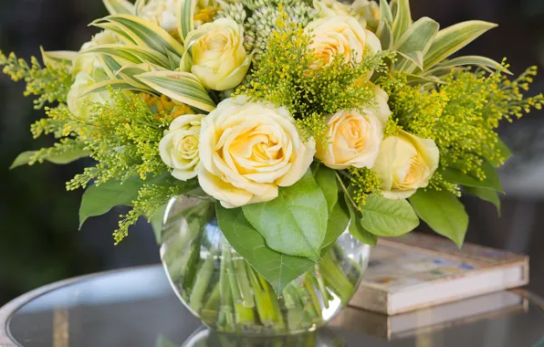 Flowers, table, tenderness, roses, bouquet, book, vase, rose