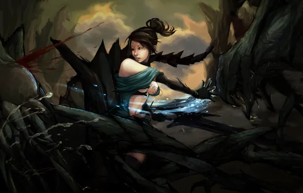 Girl, weapons, magic, monster, sword, fantasy, art, battle