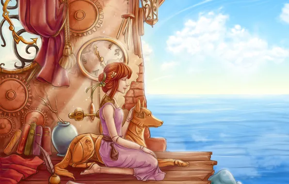 Sea, the sky, water, girl, back, watch, key, art