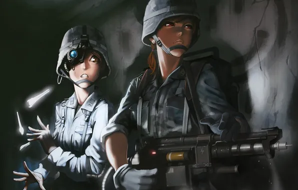 Picture weapons, girls, wall, art, machine, form, helmet, military