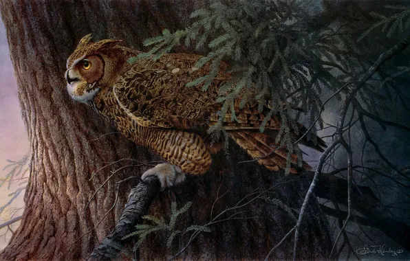 Picture tree, art, owl, Bob Henley, Evening Watch