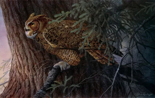 Trees, art, owl, Bob Henley, Evening Watch