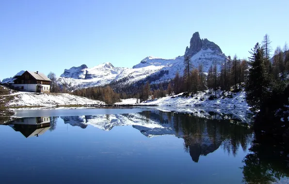 Winter, snow, mountains, lake, Italy, Italy, Dolomites, Lake Federa