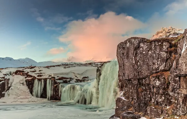 Ice, winter, the sky, mountains, waterfall, Iceland, Iceland, Kirkjufoss