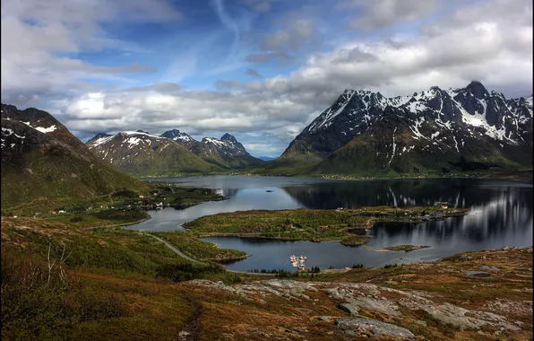 Autumn, snow, mountains, lake, island, Norway