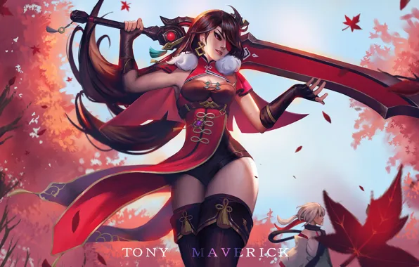Picture autumn, girl, sword, guy, Genshin Impact, Kaedehara Kazuha, by Tony Maverick, BeiDou