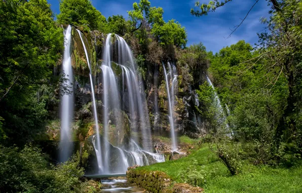 Picture greens, forest, the sun, trees, stream, rocks, France, waterfall
