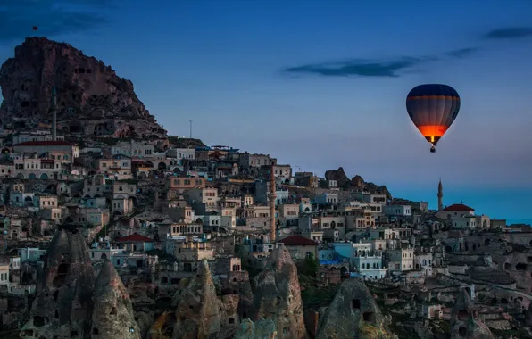 Picture city, rock, sky, landscape, sunset, night, evening, buildings