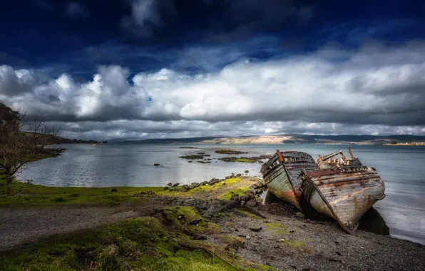 The sky, grass, clouds, landscape, branches, river, blue, stones