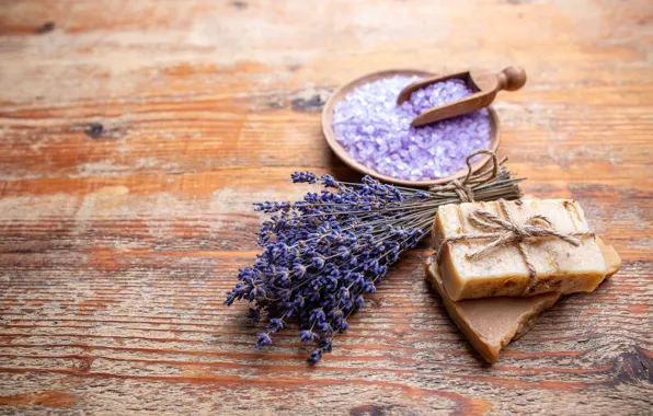 Flowers, Board, soap, bowl, bow, a bunch, lavender, composition