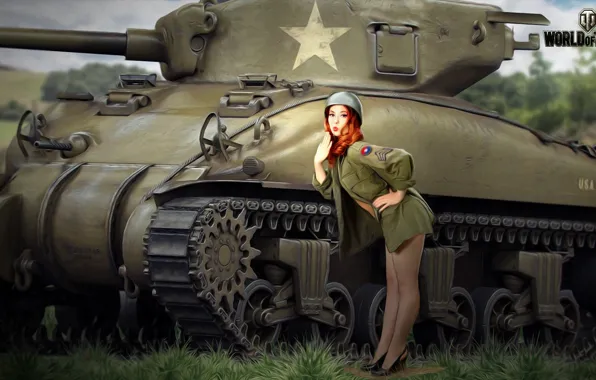 Field, grass, girl, trees, figure, art, shoes, tank