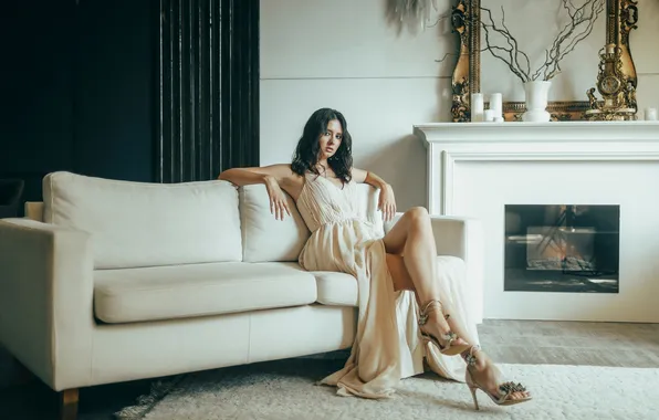 Girl, pose, sofa, dress, fireplace, legs, Disha Shemetova, DISHA Shemetova