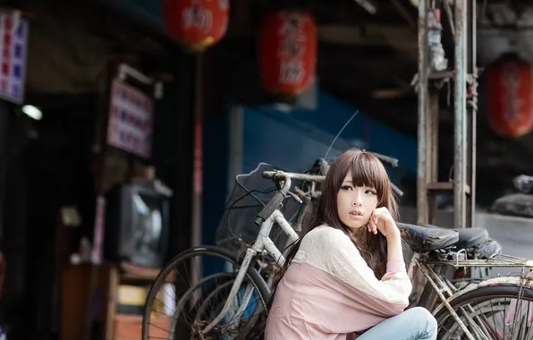 Girl, street, Asian, bikes