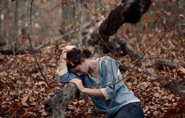 Picture forest, girl, loneliness, mood