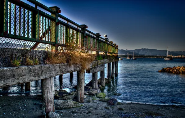 Picture sea, mountains, coast, boats, pier, hdr, pierce