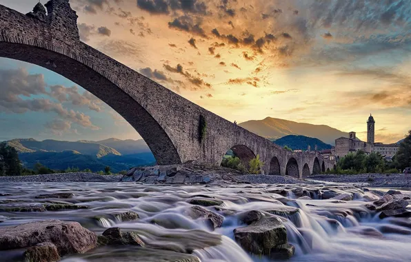 Italy, bridge, sunset, mountains, scenic, old, ancient, Bobbio