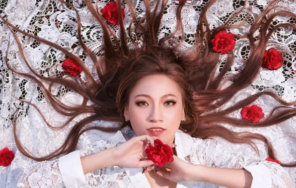 Look, girl, flowers, hair, Asian