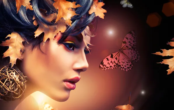 Leaves, girl, abstraction, face, butterfly, makeup, profile