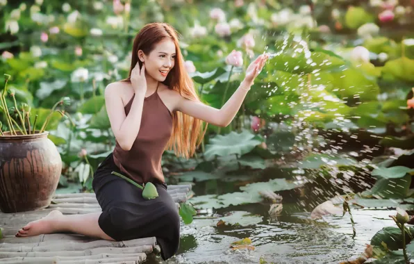 Picture girl, lake, Lily