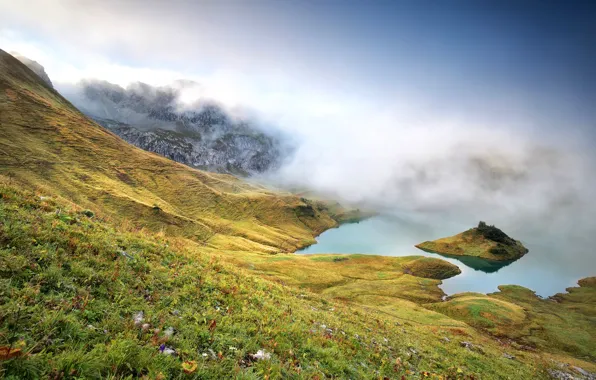 Grass, mountains, fog, lake, Germany, slope, Alps, island