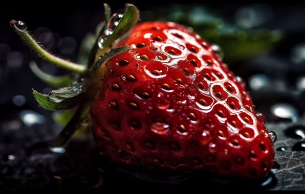 Drops, macro, berries, the dark background, rendering, moisture, strawberry, berry