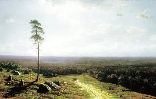 Road, landscape, stones, tree, horse, heat, picture, wagon
