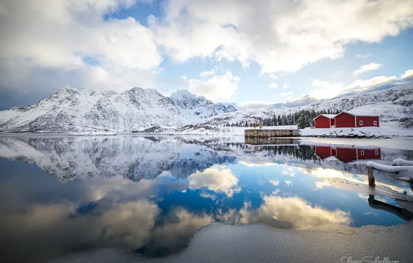 Clouds, mountains, reflection, morning, Norway, The Lofoten Islands
