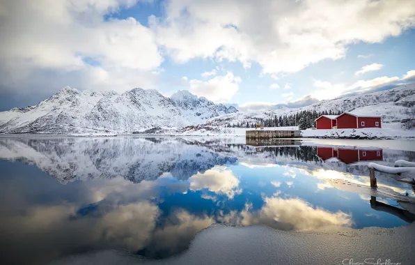 Clouds, reflection, mountains, morning, Norway, The Lofoten Islands