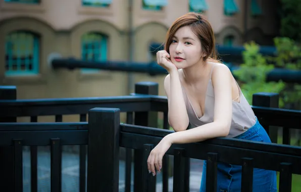 Look, girl, pose, brown hair, Asian, bokeh