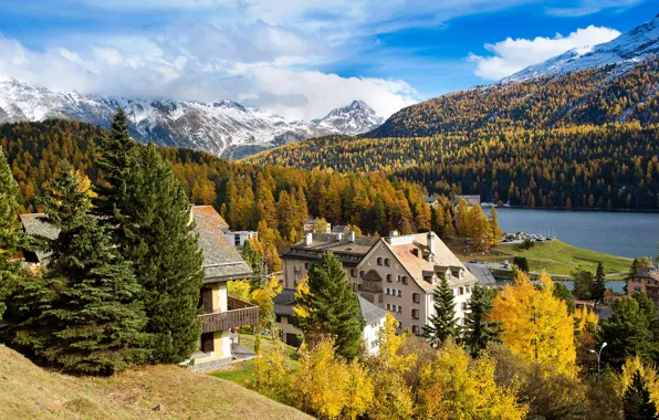 Autumn, forest, mountains, river, home, Switzerland, St. Moritz