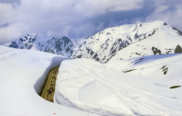 Road, snow, mountains, people, Japan, the tunnel