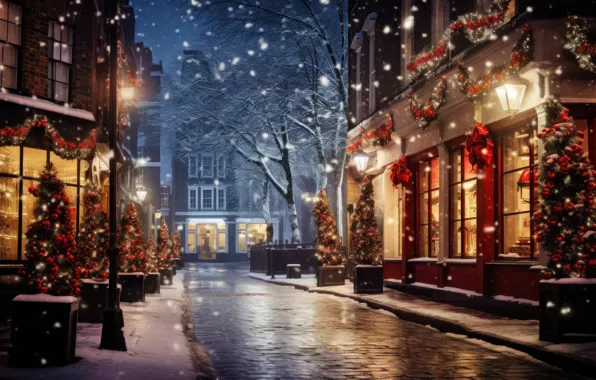 Winter, snow, decoration, night, the city, lights, street, tree