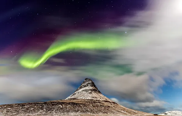 Night, mountain, Northern lights, Iceland, Kirkjufell