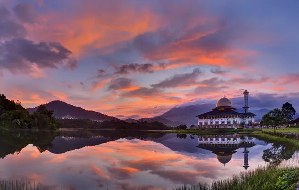 Mountains, lake, mosque, twilight, Malaysia