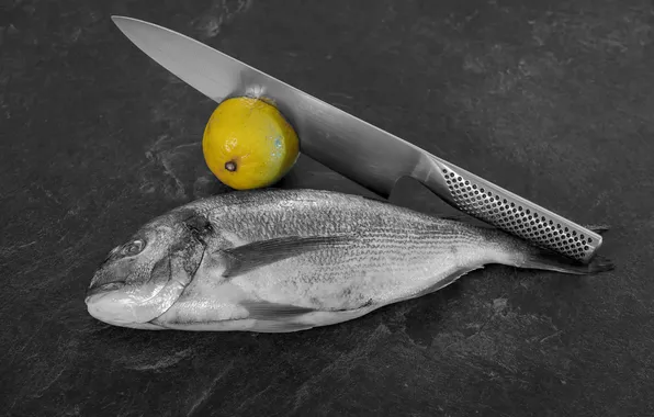Background, lemon, fish, knife