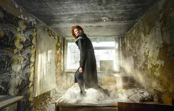 Girl, room, wall, bed, coat, homeland
