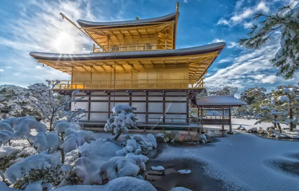 Winter, the sky, snow, trees, nature, house, Japan, Japan
